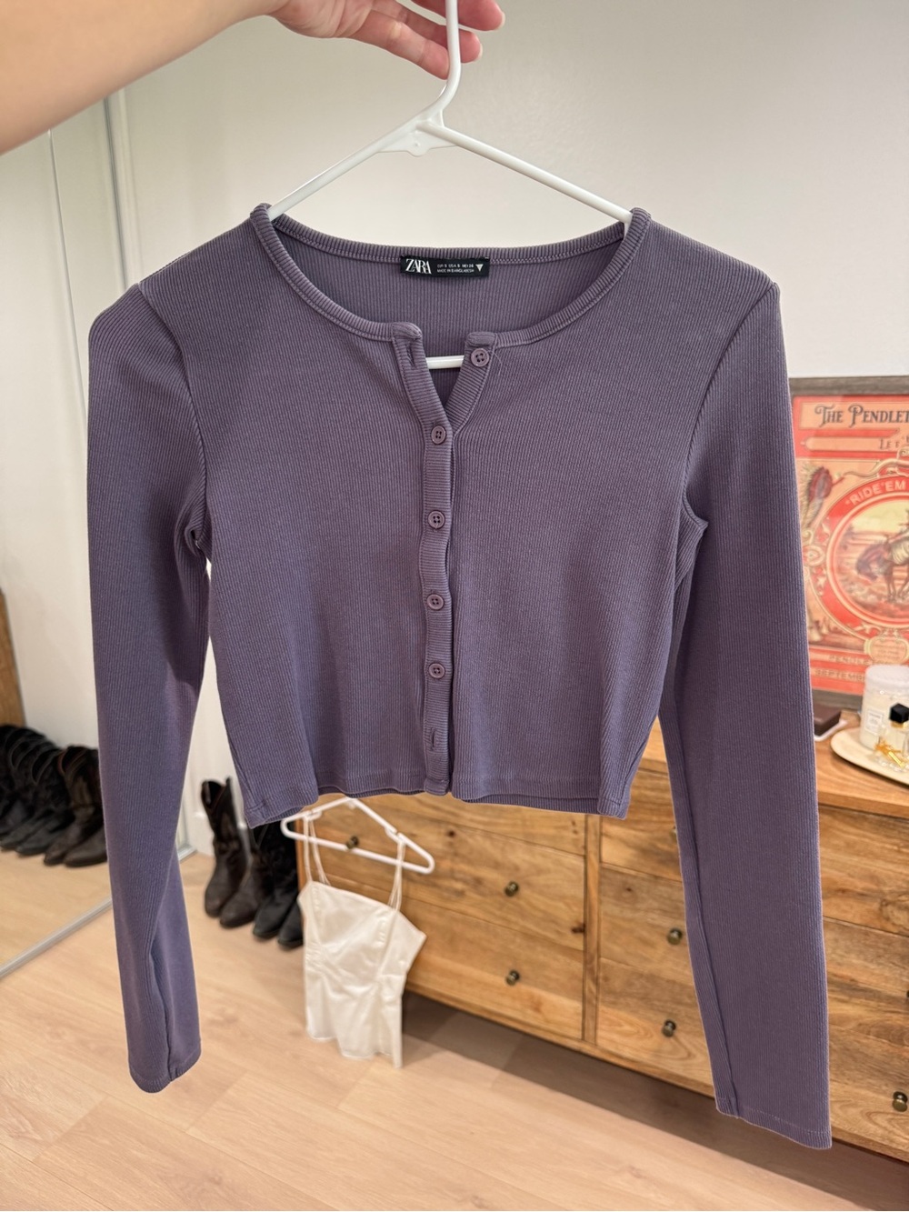Zara Dusty Purple Cropped Button-Up Ribbed Cardigan